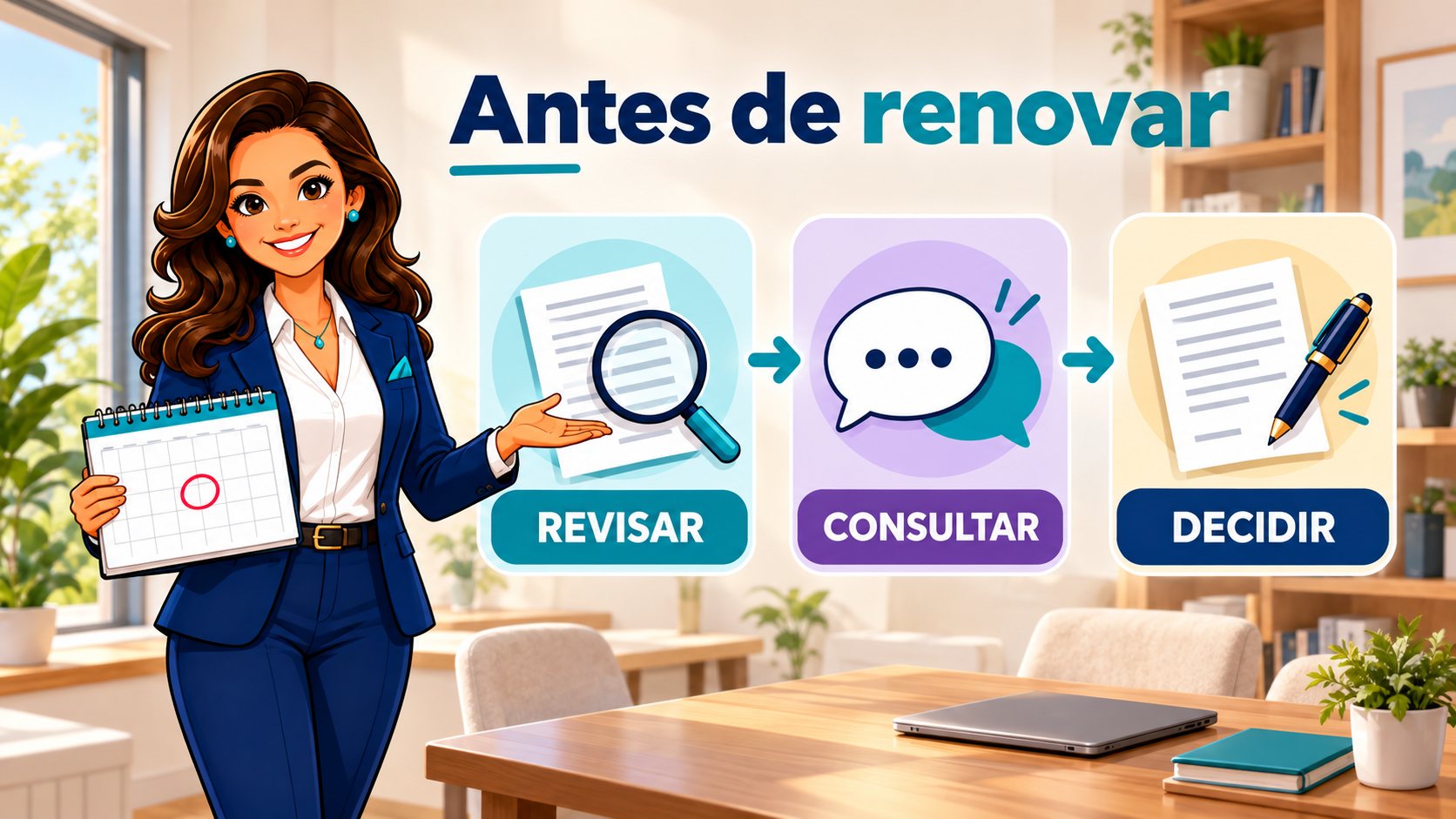 El personaje de Pólizas Claras muestra un calendario y tres pasos antes de renovar: revisar, consultar y decidir.