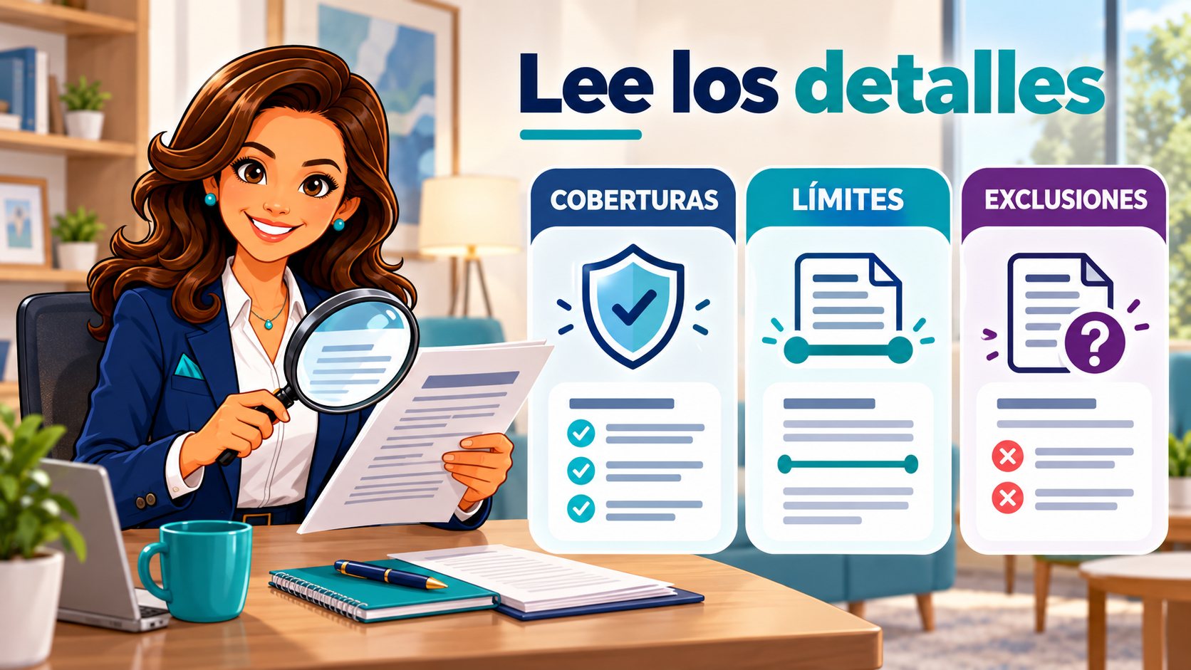El personaje de Pólizas Claras lee un contrato con una lupa junto a paneles de coberturas, límites y exclusiones.
