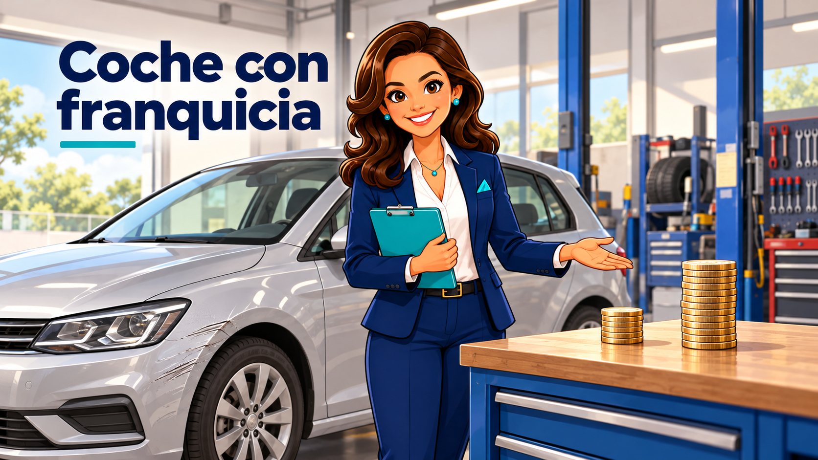 El personaje de Pólizas Claras explica el reparto del coste de una reparación junto a un coche con un roce y dos grupos de monedas.
