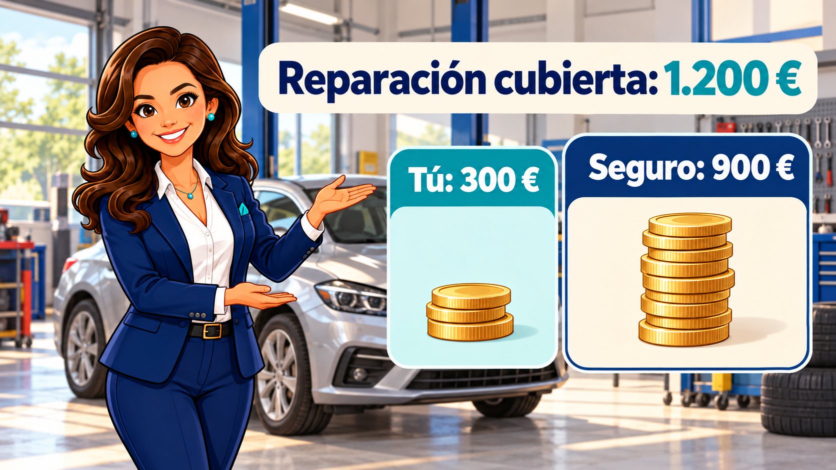 El personaje de Pólizas Claras muestra una reparación cubierta de 1.200 euros: 300 a cargo del asegurado y 900 a cargo del seguro.