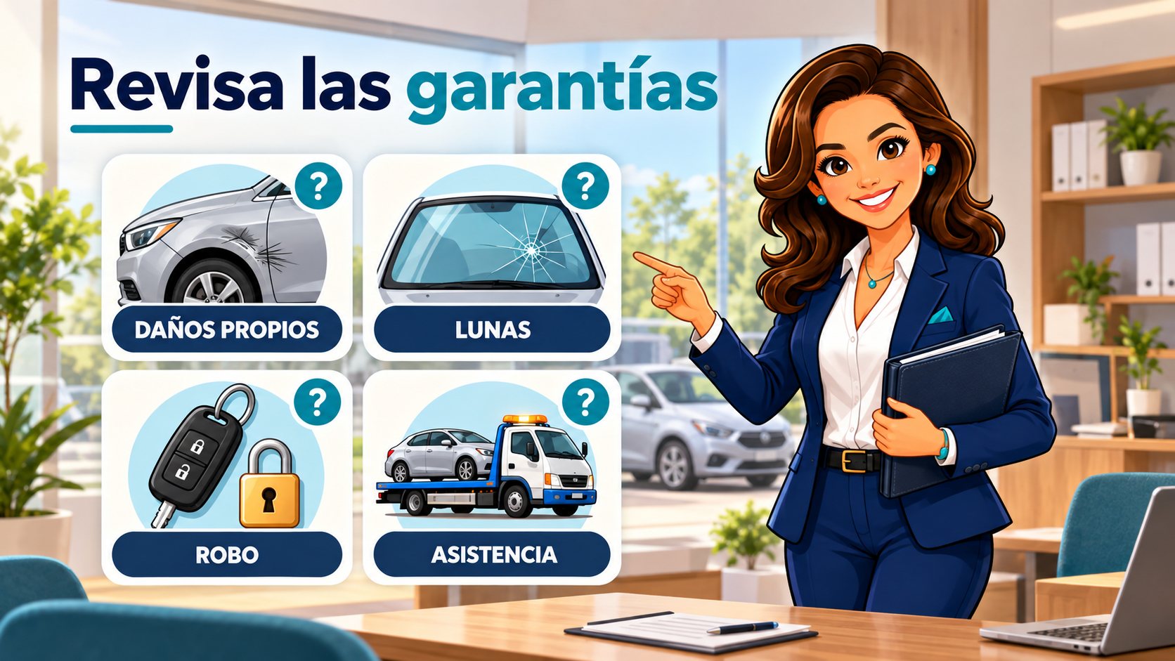 El personaje de Pólizas Claras señala cuatro garantías para consultar: daños propios, lunas, robo y asistencia, cada una con un interrogante.