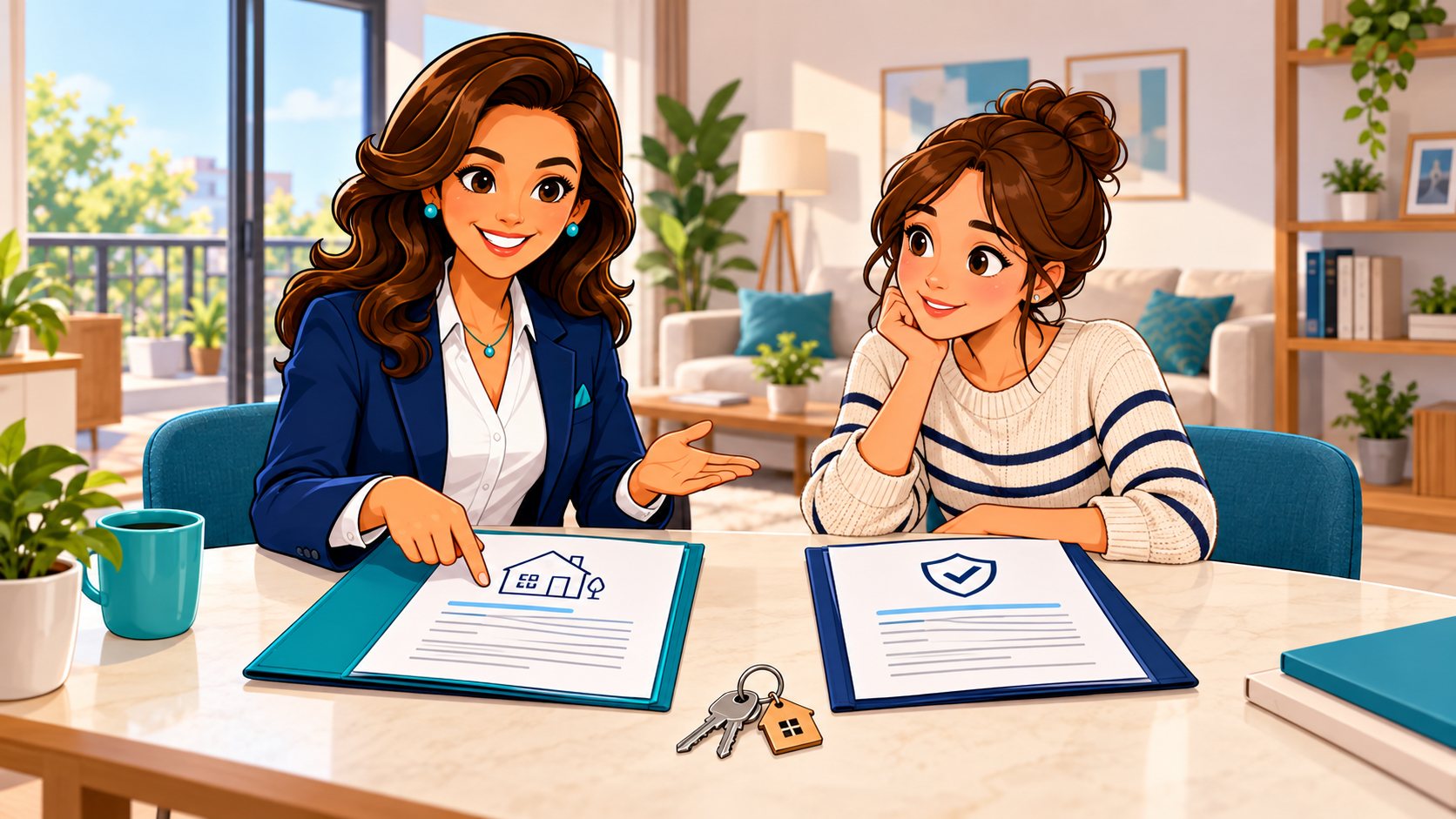 La asesora revisa un contrato de alquiler y una póliza con una inquilina en una mesa de trabajo