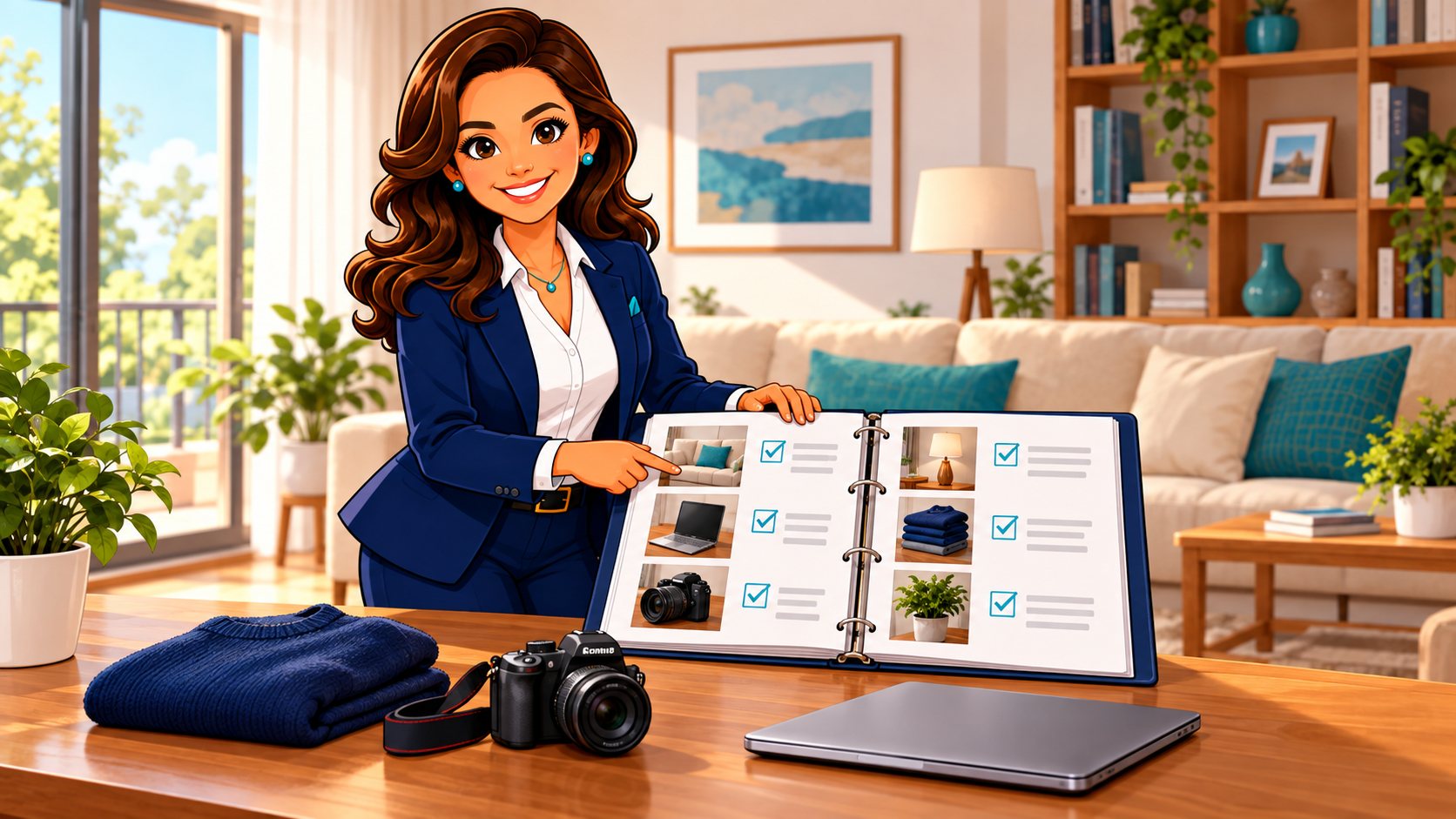 La asesora organiza fotografías y una lista de pertenencias personales para el inventario del inquilino