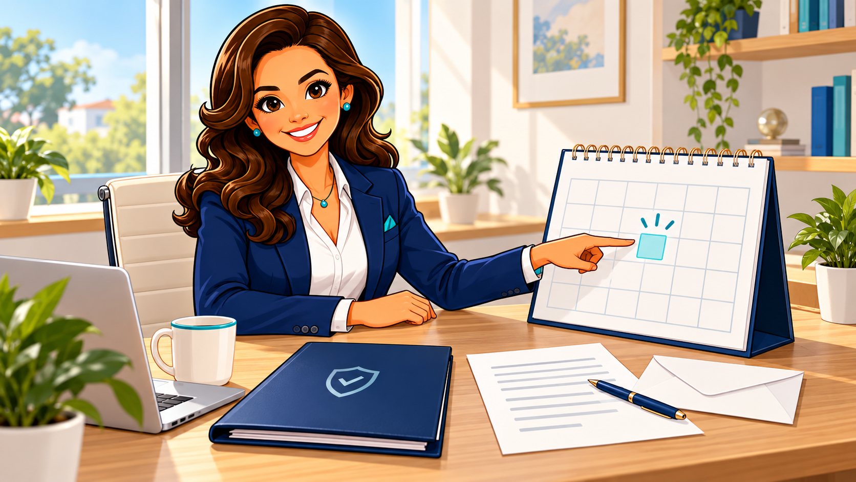 La asesora de Pólizas Claras señala una fecha en el calendario junto a una póliza y una carta