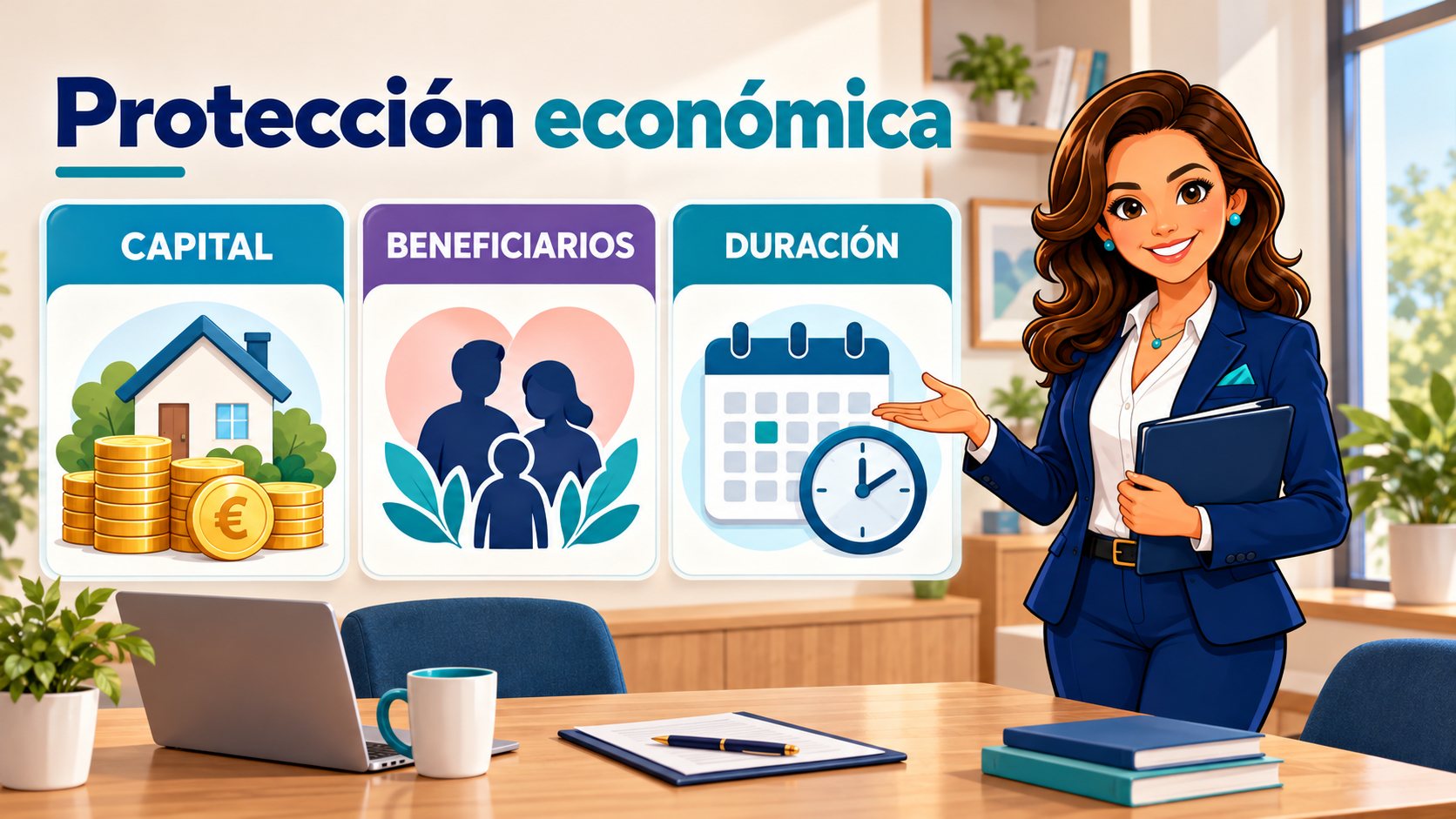 El personaje de Pólizas Claras presenta tres aspectos del seguro de vida: capital, beneficiarios y duración.