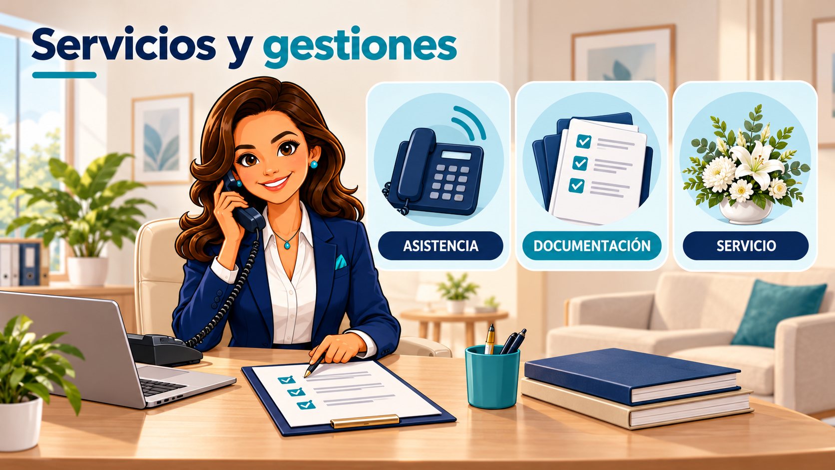 El personaje de Pólizas Claras atiende por teléfono y organiza documentación junto a paneles de asistencia, documentación y servicio.