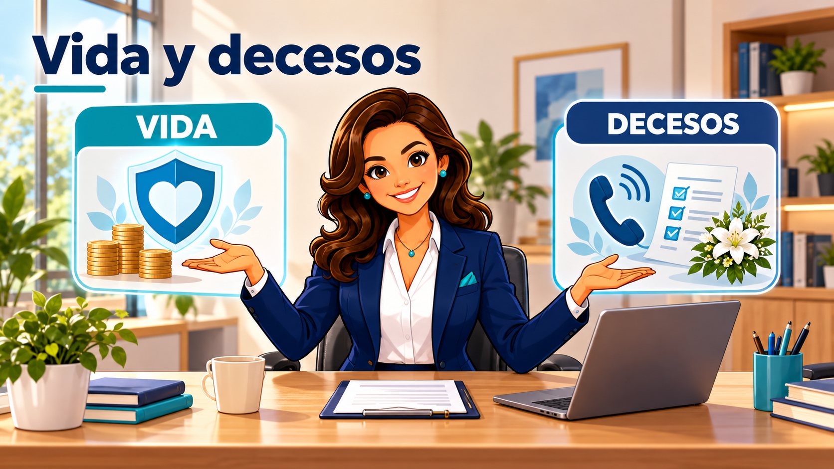 El personaje de Pólizas Claras compara la protección económica de vida con los servicios y gestiones de decesos en dos paneles ilustrados.
