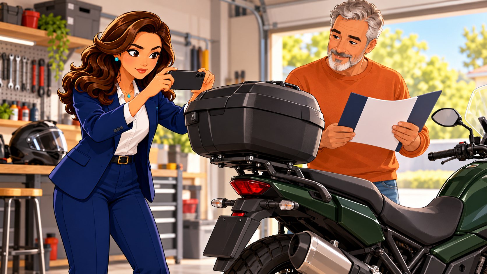 La asesora fotografía un baúl instalado en una moto mientras un motorista conserva la documentación del accesorio