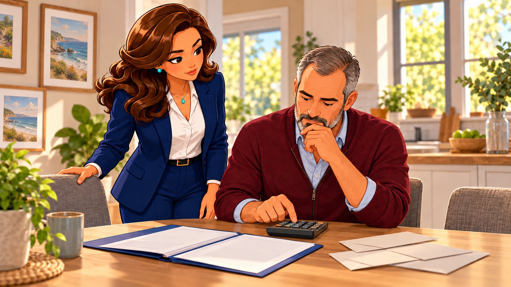 El cliente utiliza una calculadora junto a sobres y una carpeta del seguro mientras la asesora observa el cálculo