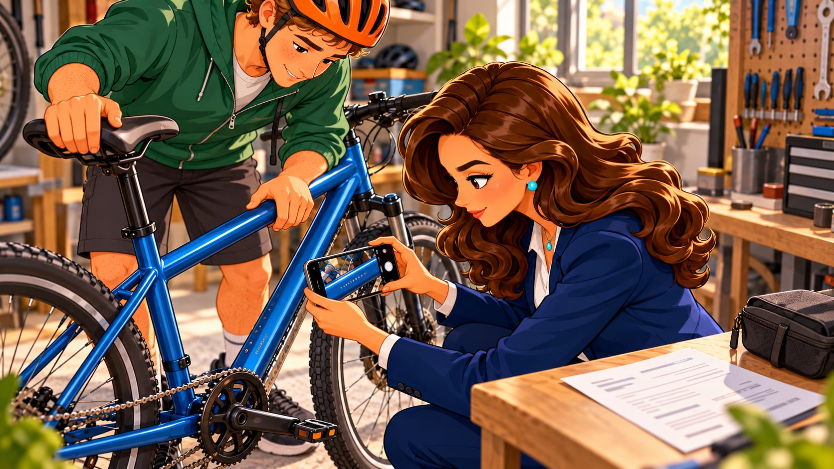 La asesora fotografía la identificación del cuadro en un taller doméstico mientras el ciclista sujeta su bicicleta azul