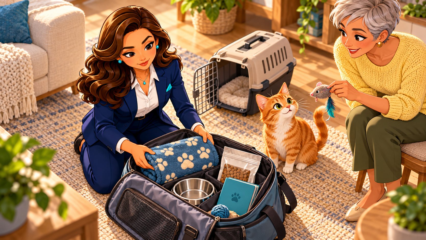 La asesora y la dueña preparan alimento, una manta y la documentación del gato junto a una bolsa de cuidados