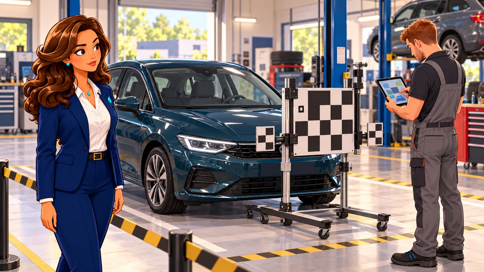 Un técnico comprueba el coche ante un panel de calibración de cámaras mientras la asesora observa desde la zona segura del taller