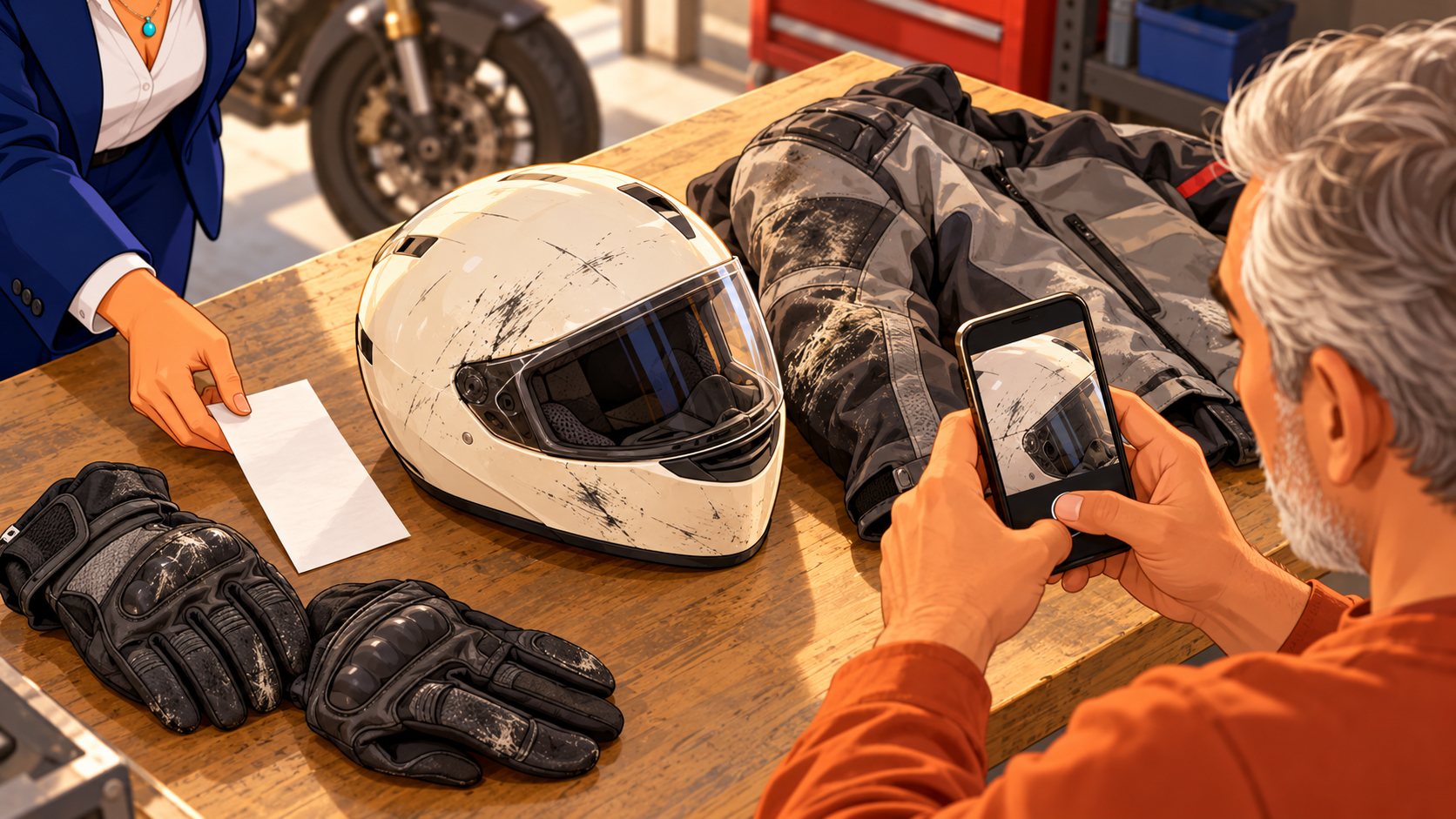 Un motorista fotografía un casco arañado y una chaqueta dañada mientras la asesora coloca un justificante de compra