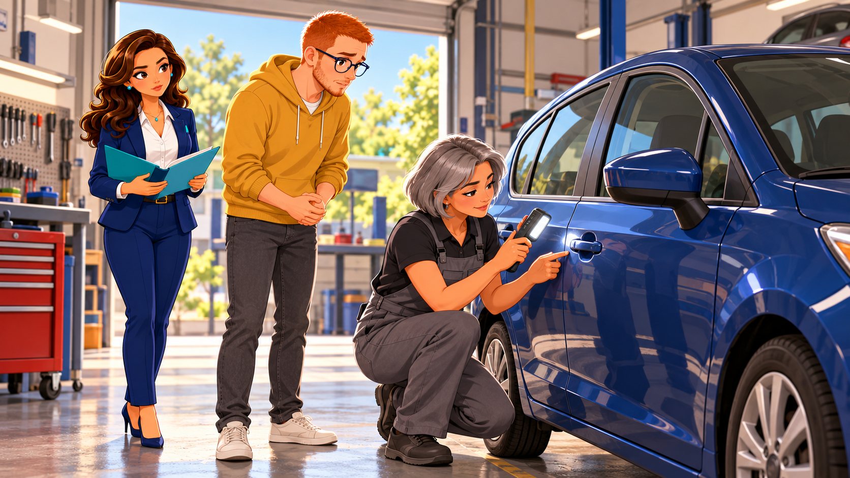 Una mecánica de pelo gris inspecciona el tirador de un coche azul ante el conductor y la asesora en el taller