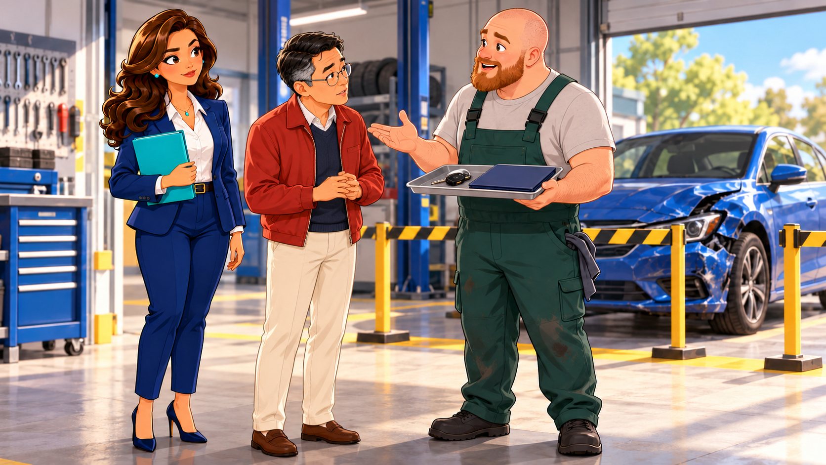 Un profesional del taller explica a un conductor y a la asesora la custodia de las llaves y documentos del coche dañado