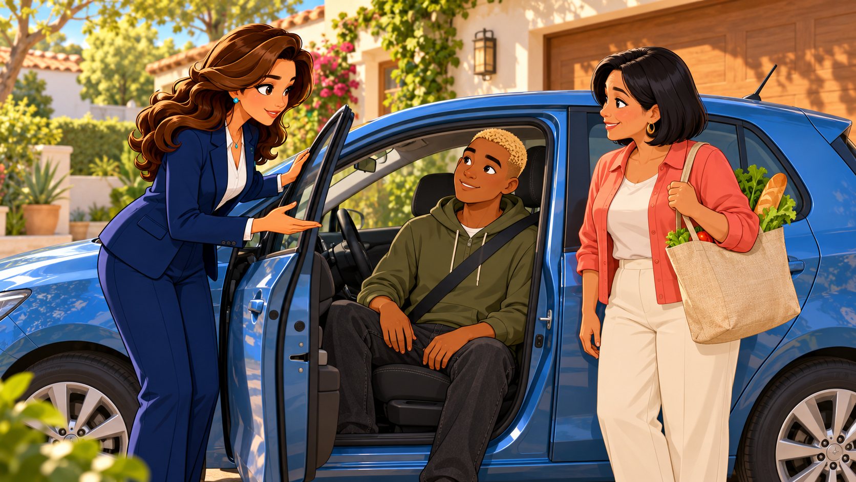 La asesora conversa junto a un coche parado con un joven al volante y su madre para revisar quién utiliza el vehículo