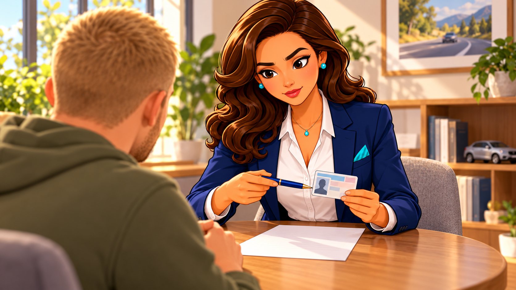 La asesora revisa con un joven los datos del permiso y una propuesta para actualizar los conductores del seguro