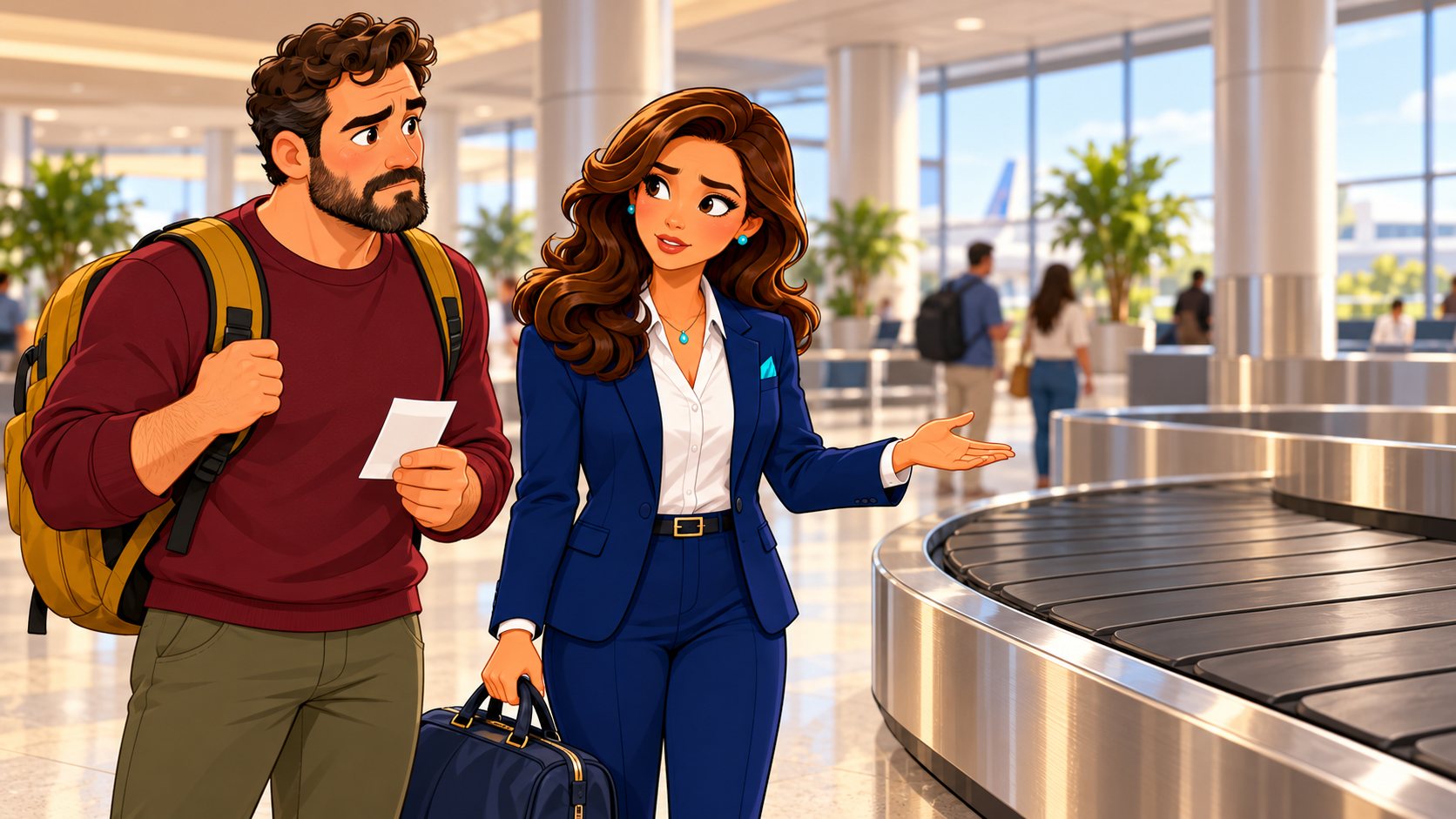 La asesora acompaña a un viajero con el resguardo de equipaje ante una cinta vacía del aeropuerto
