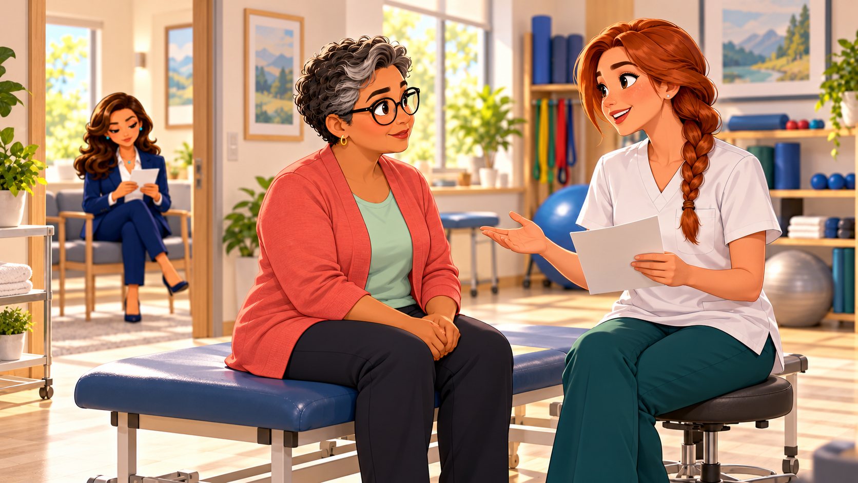 La mujer conversa sentada en una camilla con una fisioterapeuta de trenza pelirroja mientras la asesora revisa una tarjeta en una sala de espera separada