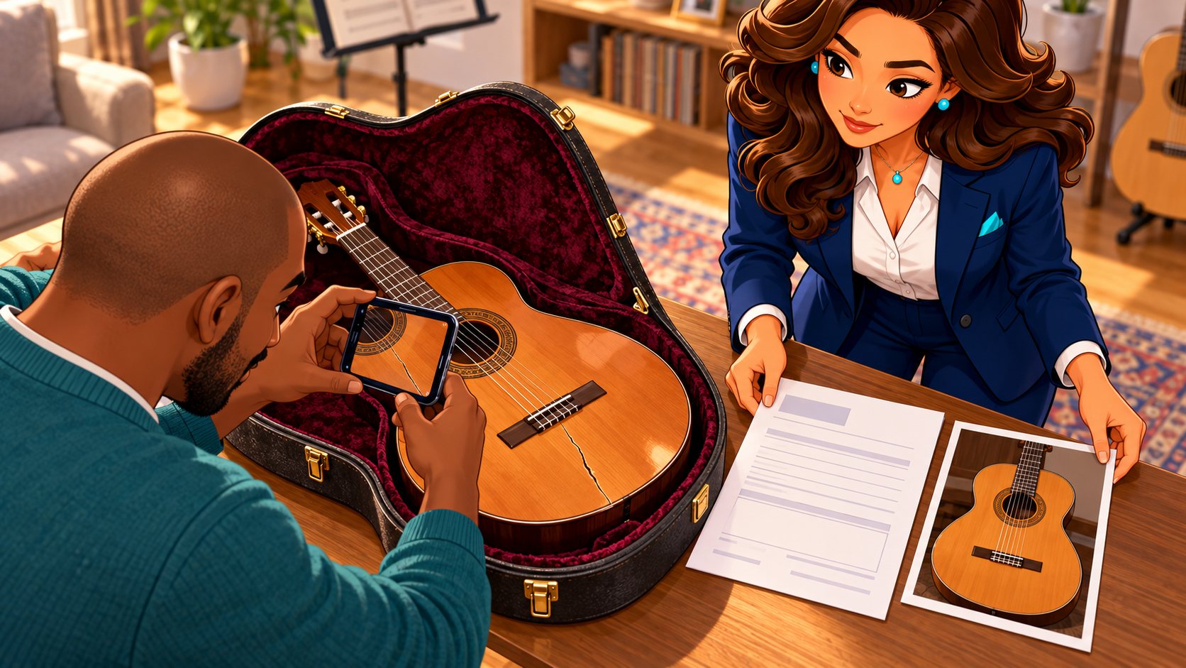 El propietario fotografía una grieta en la guitarra mientras la asesora prepara el justificante de compra junto al estuche
