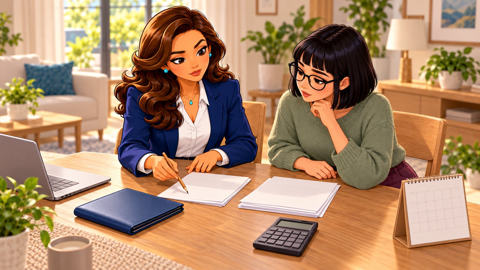 La asesora y la mujer comparan documentos junto a una calculadora y una carpeta en una mesa de casa