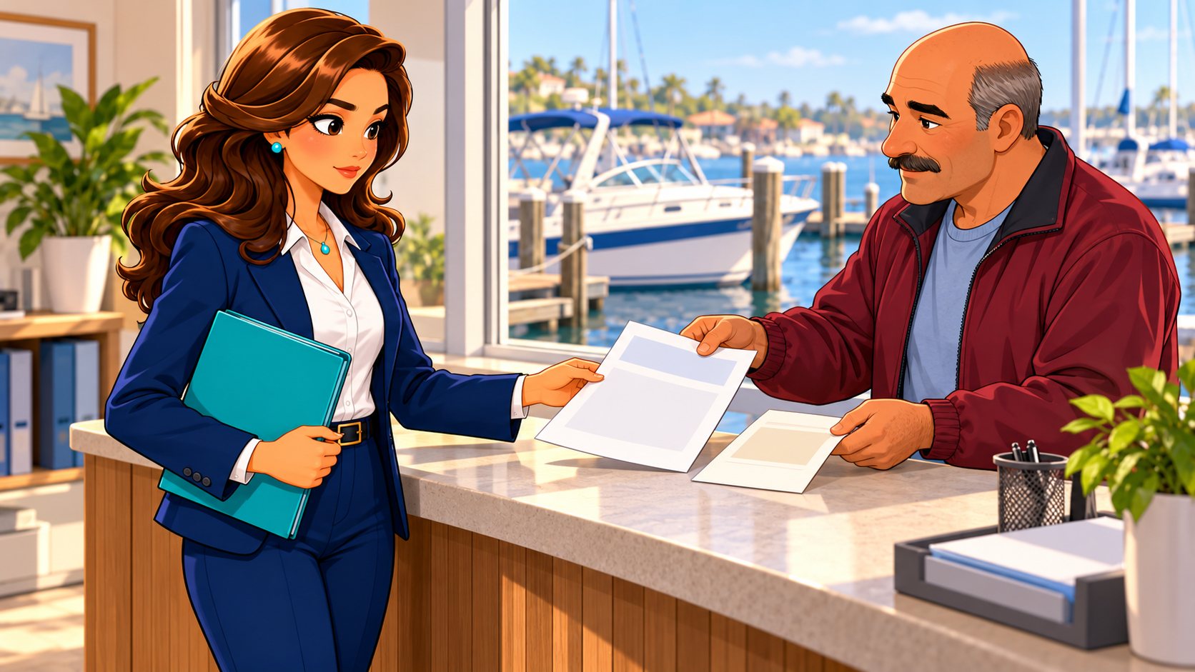 El propietario presenta documentos en la oficina del puerto mientras la asesora conserva una copia y se ve el barco amarrado al fondo