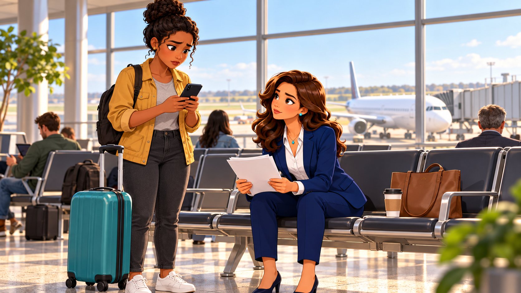 Una viajera de chaqueta mostaza consulta su móvil en una terminal con una maleta turquesa mientras la asesora revisa documentos sentada cerca