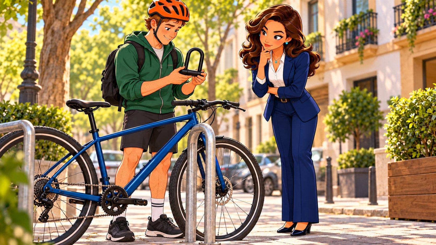 Un ciclista con casco naranja sostiene un antirrobo junto a su bicicleta azul mientras la asesora lo examina con gesto pensativo