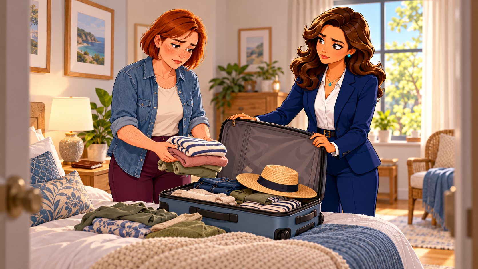 La asesora acompaña a una viajera que vuelve a guardar la ropa al tener que cancelar un viaje antes de salir