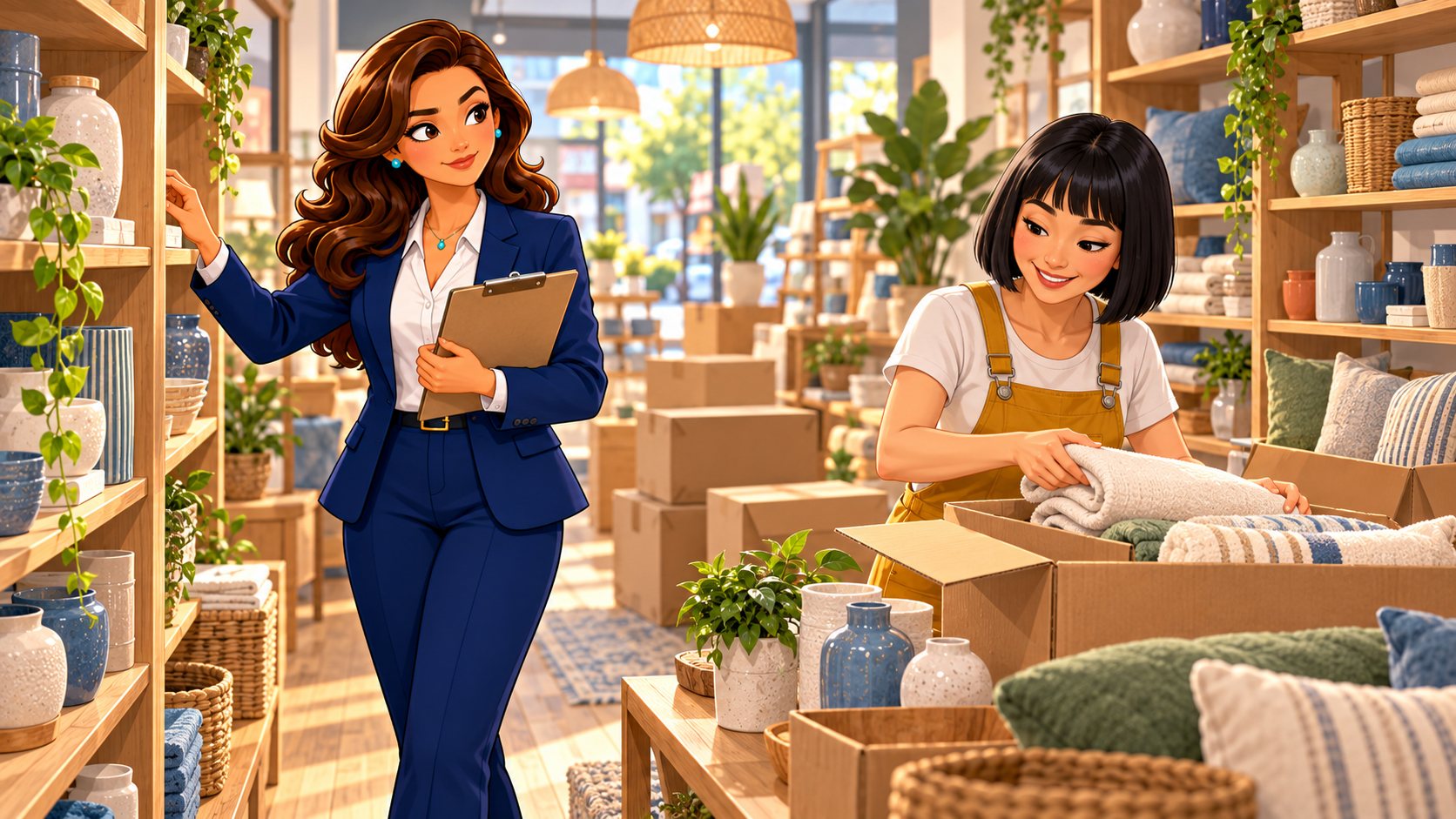 La propietaria de una tienda abre una caja de textiles mientras la asesora compara las nuevas mercancías con el inventario