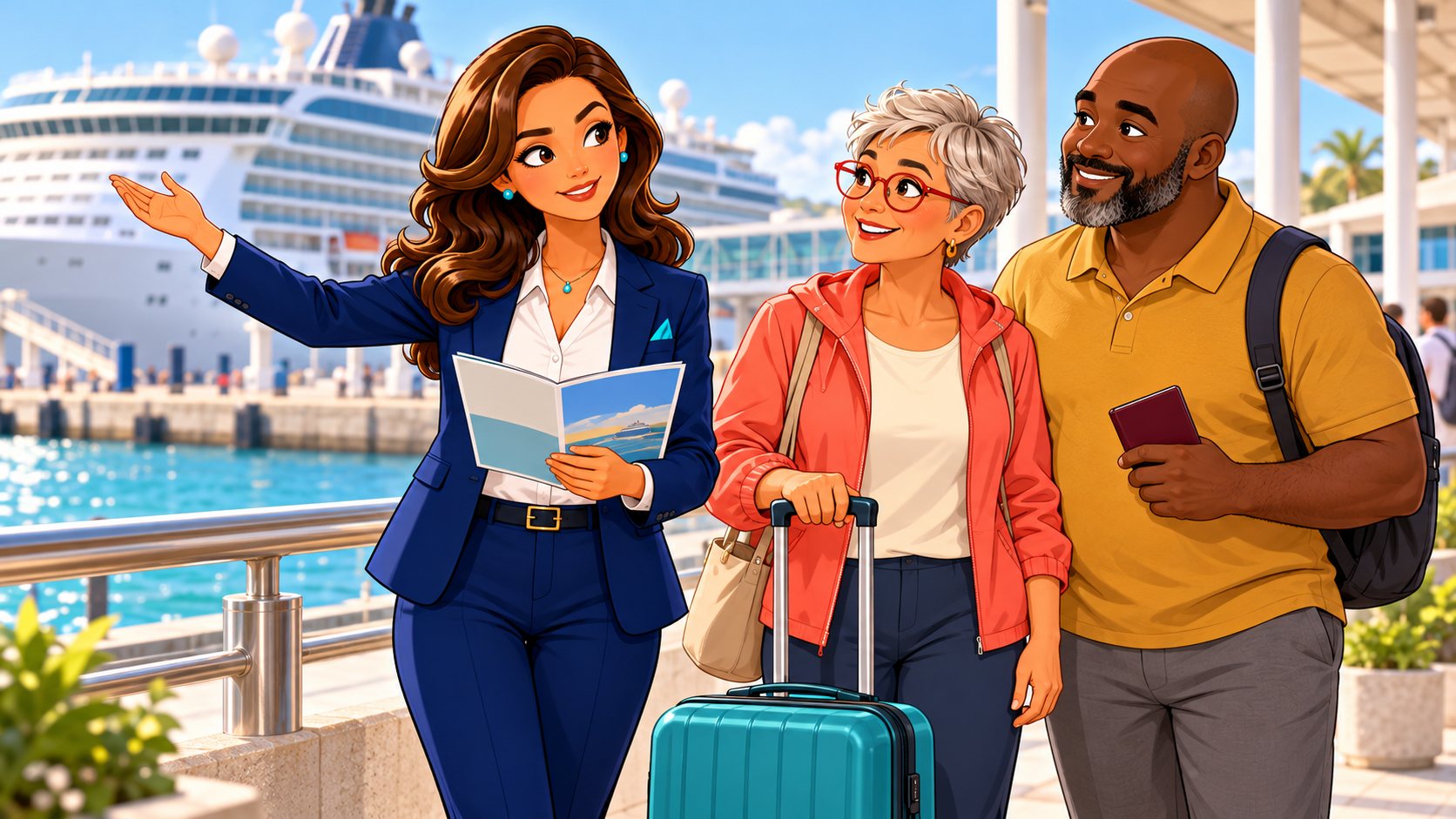 Una pareja con maleta escucha a la asesora junto al puerto con un gran crucero al fondo y documentación de viaje en la mano
