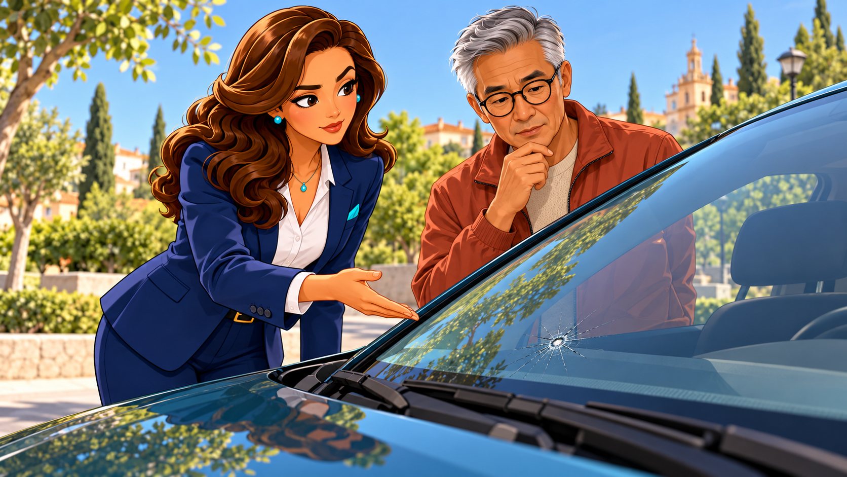 La asesora y el propietario observan un impacto en el parabrisas de un coche estacionado
