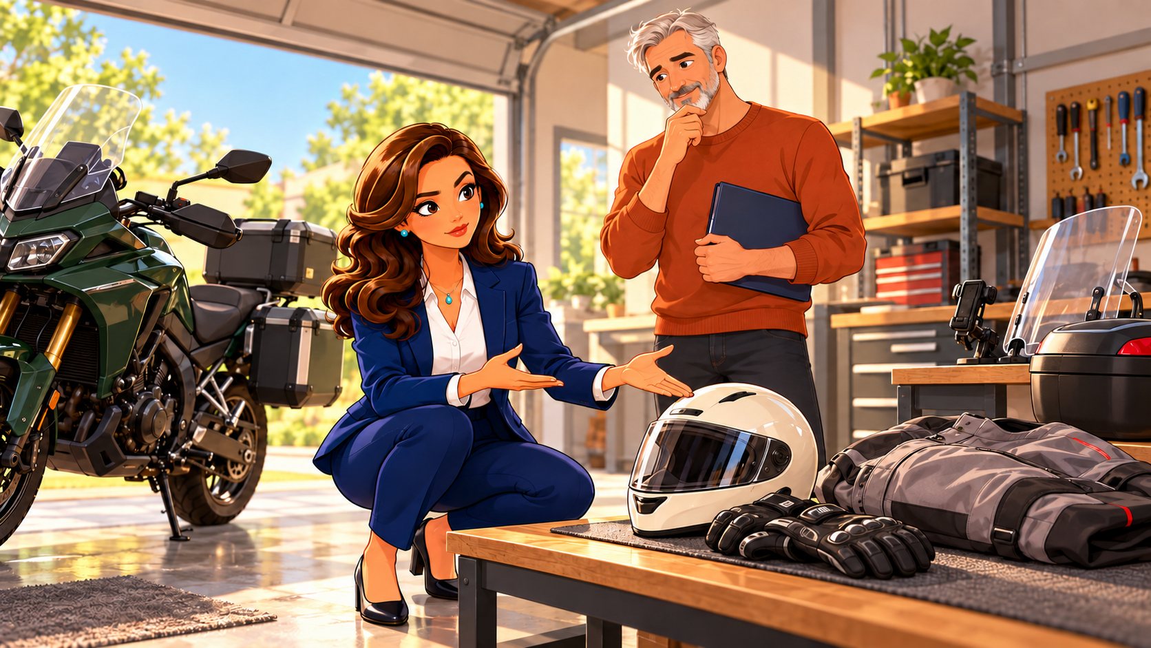 La asesora señala un casco, guantes y chaqueta colocados en un banco junto a una moto mientras escucha un motorista