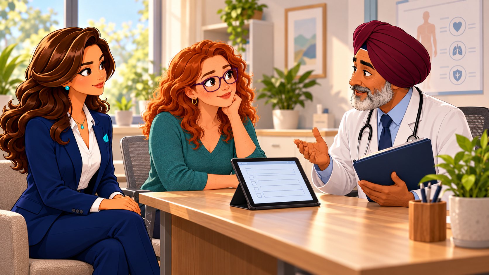 Una mujer revisa su documentación con un médico mientras la asesora escucha para preparar correctamente el cuestionario de salud