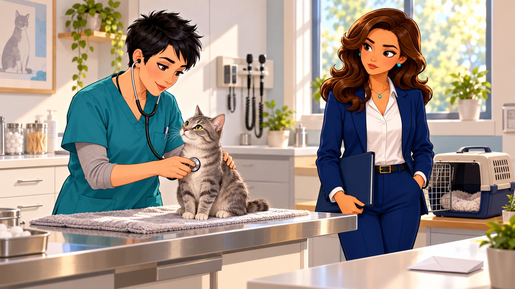 Una veterinaria examina a un gato tranquilo mientras la asesora observa para revisar cómo se tramita la atención asegurada