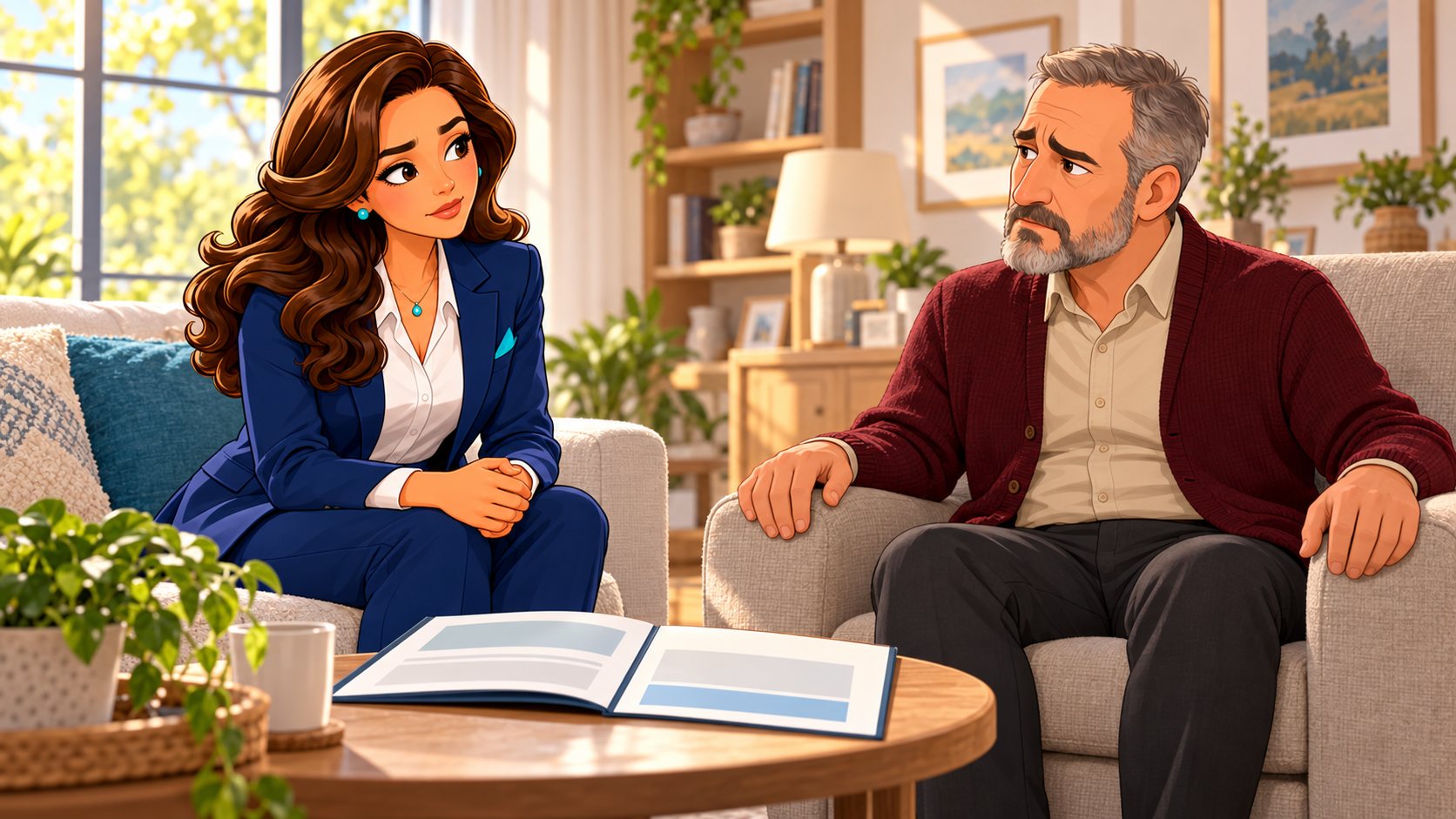 Un hombre conversa con la asesora en su salón con una póliza abierta sobre la mesa