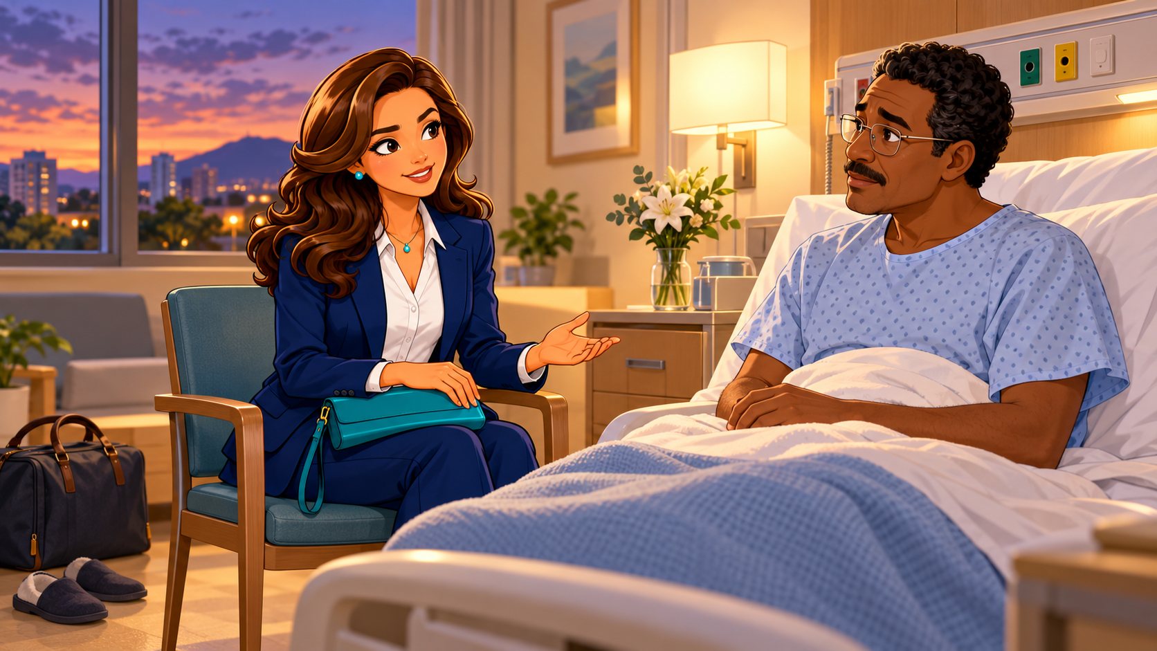 Un paciente de pelo corto rizado y gafas escucha desde la cama del hospital a la asesora sentada junto a él al atardecer